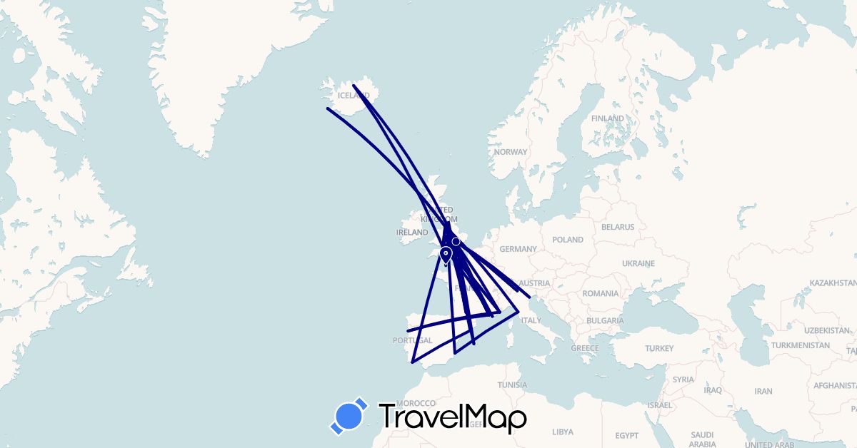 TravelMap itinerary: driving in Spain, France, United Kingdom, Iceland, Italy, Jersey, Portugal (Europe)