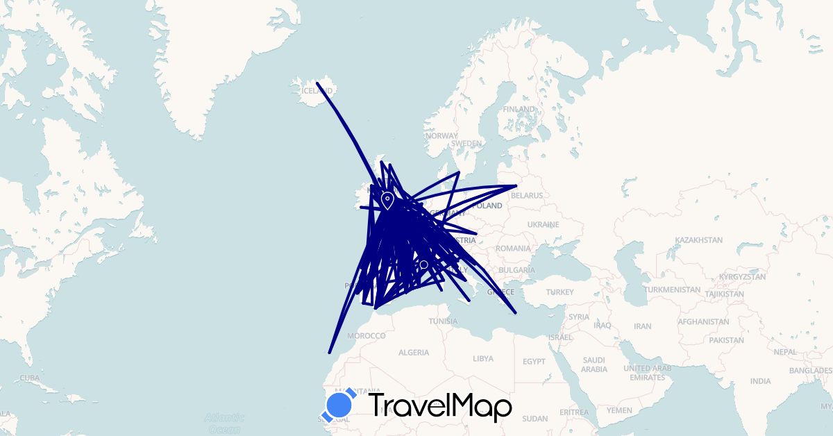 TravelMap itinerary: driving in Austria, Belgium, Switzerland, Germany, Spain, France, United Kingdom, Gibraltar, Greece, Croatia, Ireland, Iceland, Italy, Jersey, Lithuania, Netherlands, Portugal, Sweden (Europe)