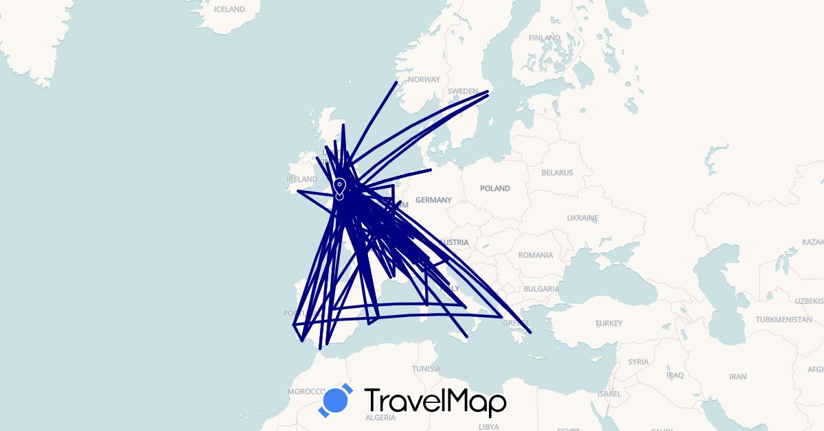 TravelMap itinerary: driving in Belgium, Switzerland, Germany, Spain, France, United Kingdom, Guernsey, Greece, Ireland, Isle of Man, Italy, Jersey, Netherlands, Norway, Portugal, Sweden (Europe)