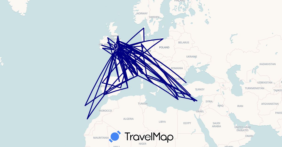 TravelMap itinerary: driving in Belgium, Cyprus, Germany, Denmark, Spain, France, United Kingdom, Guernsey, Greece, Ireland, Italy, Netherlands, Poland, Portugal, Turkey (Asia, Europe)